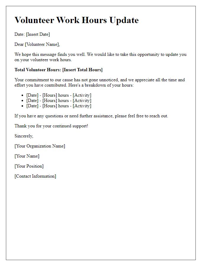 Letter template of updated volunteer work hours