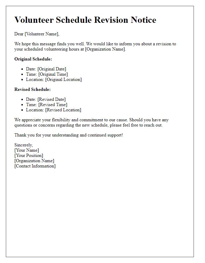 Letter template of volunteer schedule revision notice