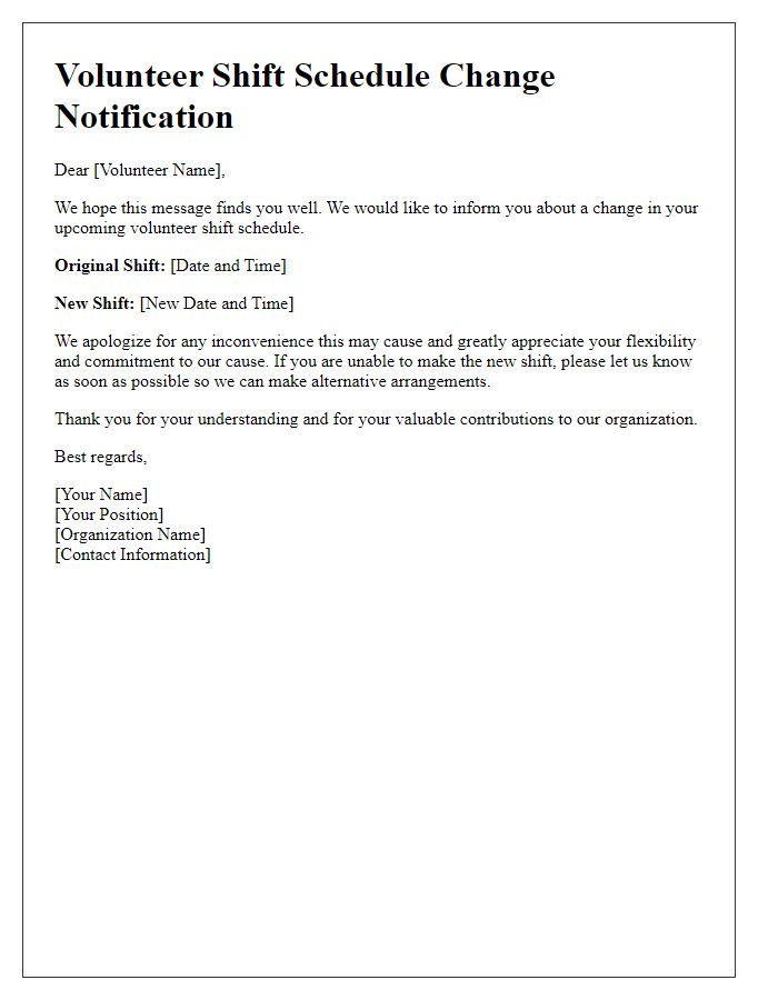 Letter template of volunteer shift schedule change notification