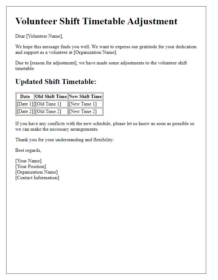 Letter template of volunteer shift timetable adjustment