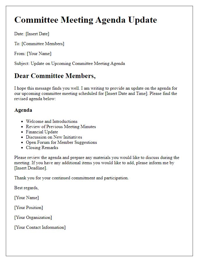 Letter template of committee meeting agenda update