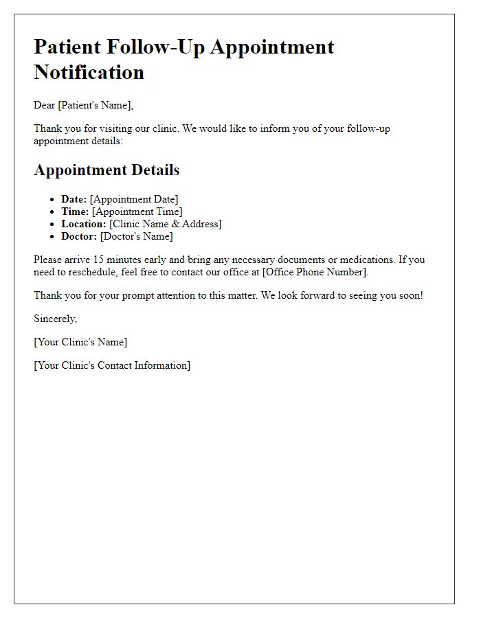 Letter template of patient follow-up appointment details.