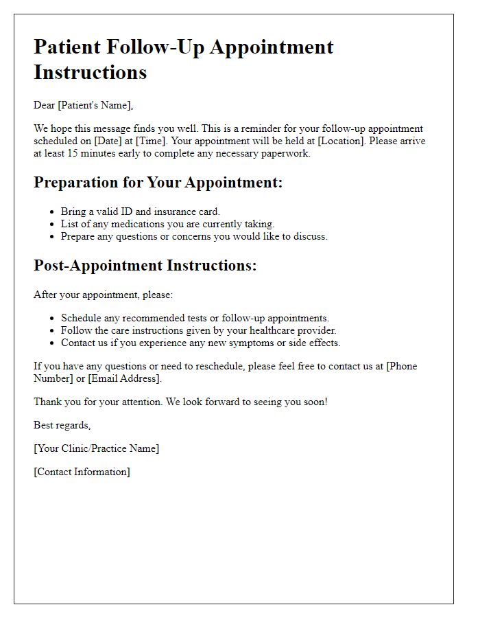 Letter template of patient follow-up appointment instructions.