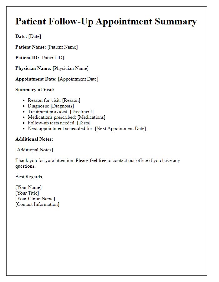 Letter template of patient follow-up appointment summary.