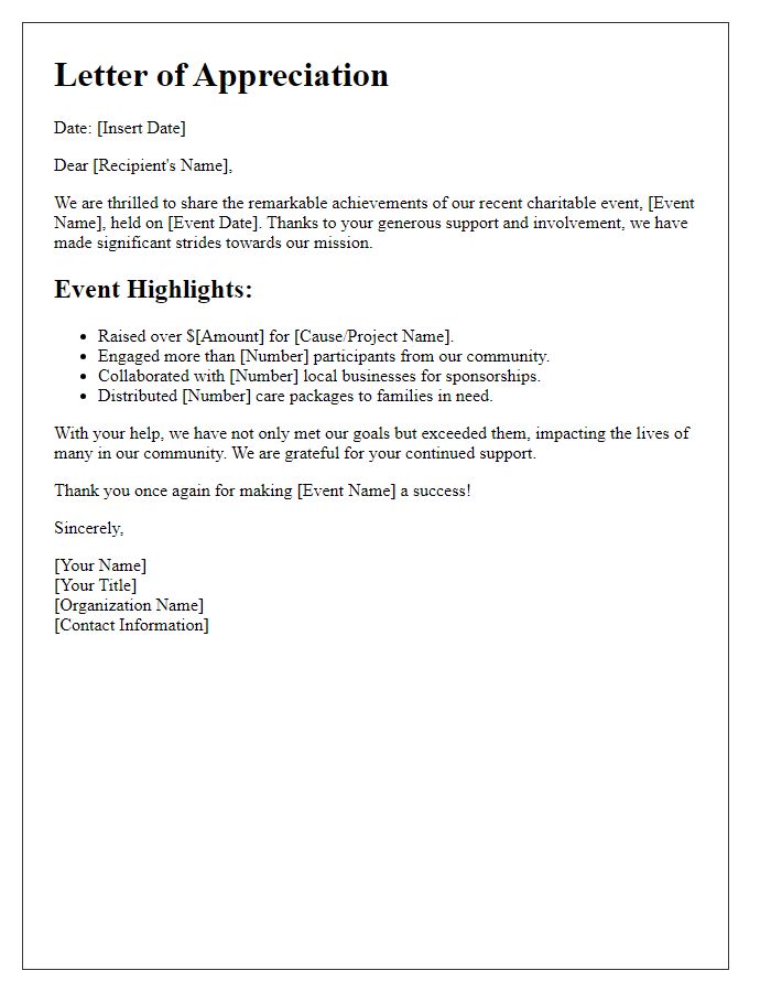 Letter template of charitable event achievements