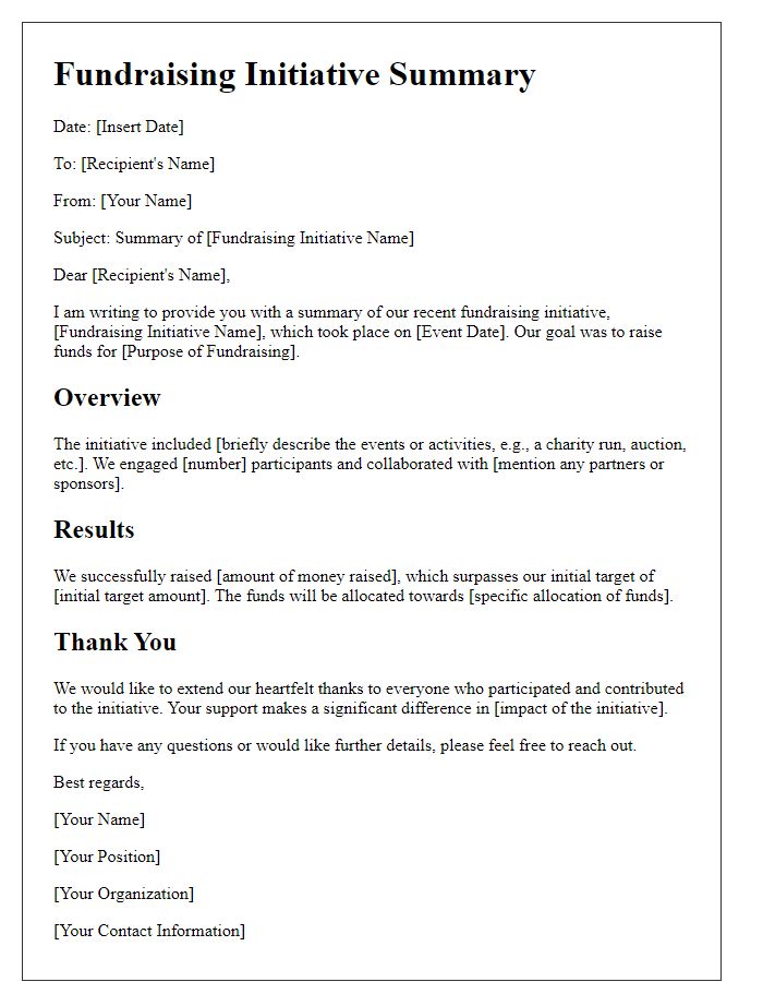 Letter template of fundraising initiative summary