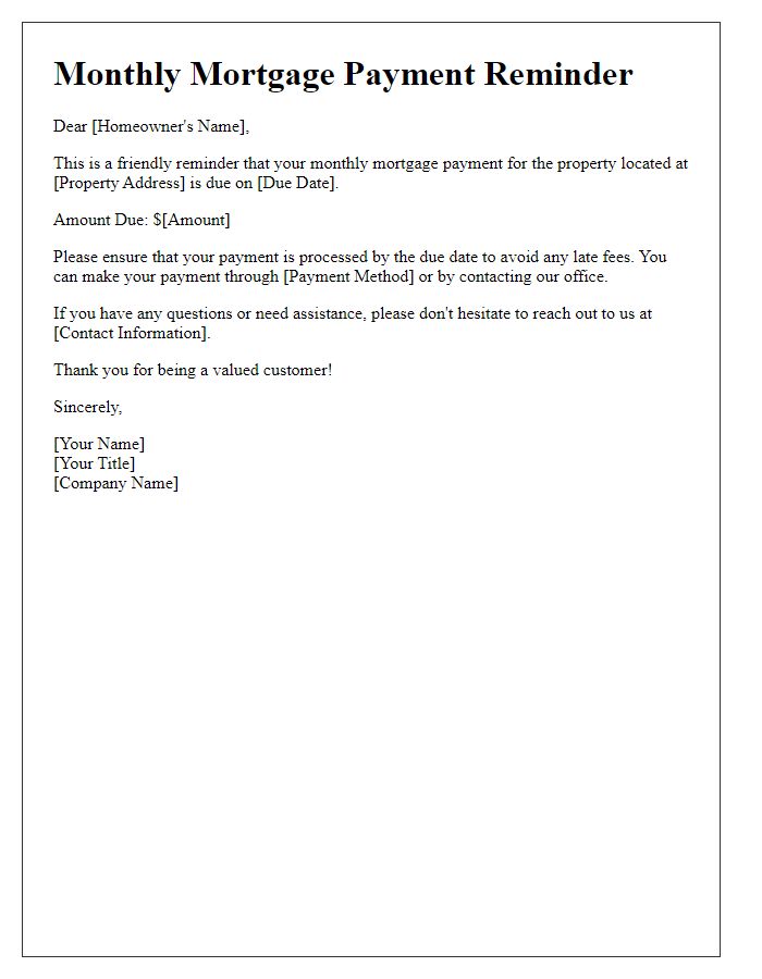 Letter template of monthly mortgage payment reminder