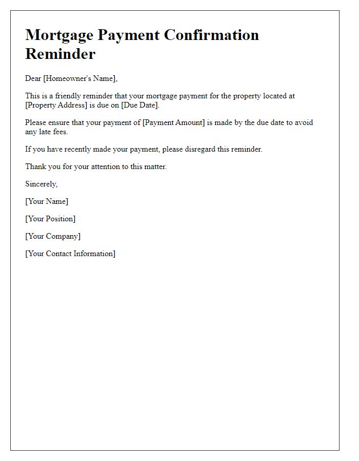 Letter template of mortgage payment confirmation reminder