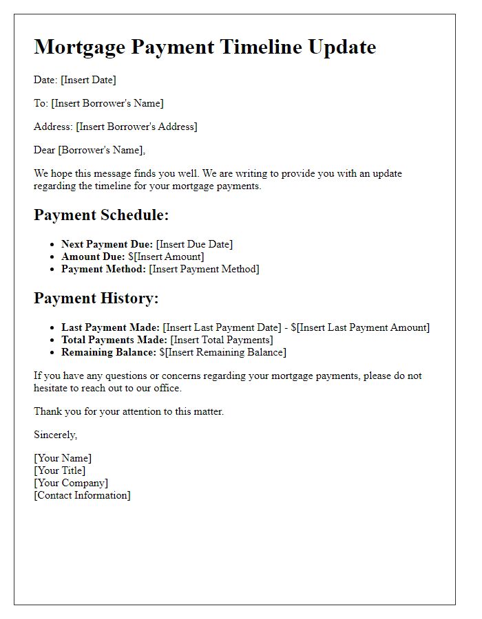 Letter template of mortgage payment timeline update