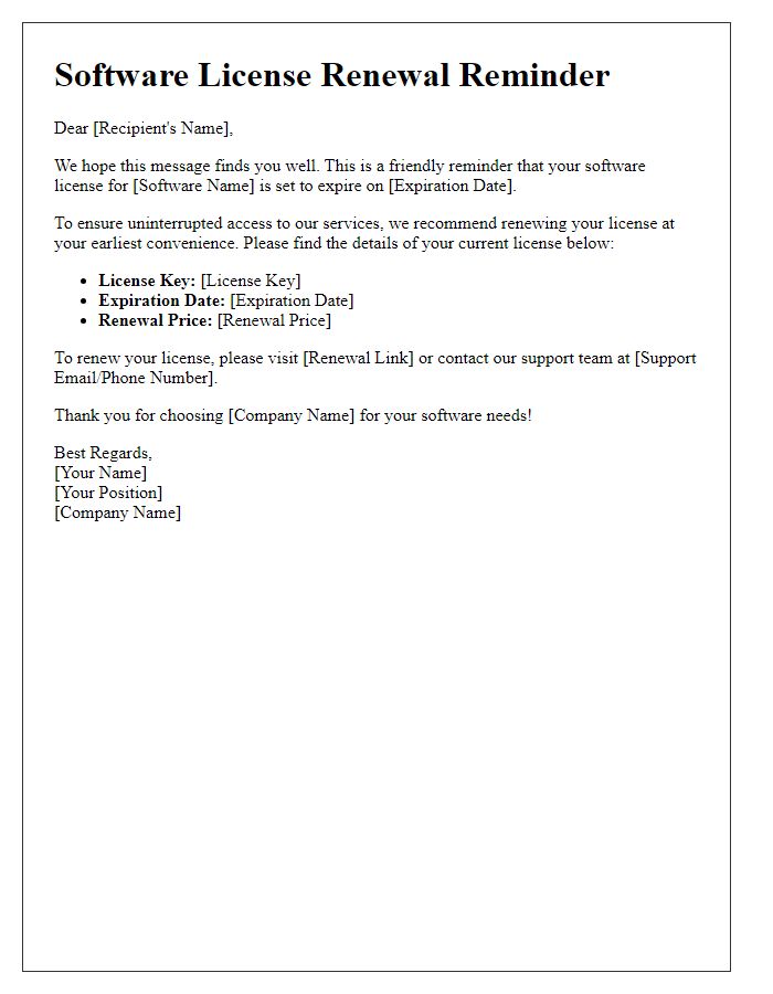 Letter template of software license renewal alert