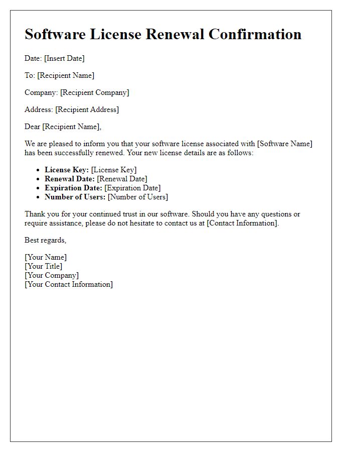 Letter template of software license renewal confirmation