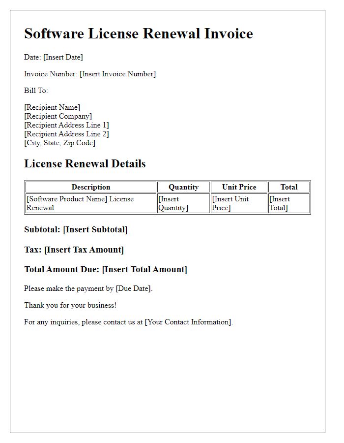 Letter template of software license renewal invoice