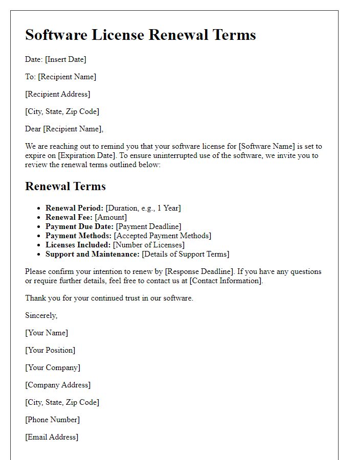 Letter template of software license renewal terms