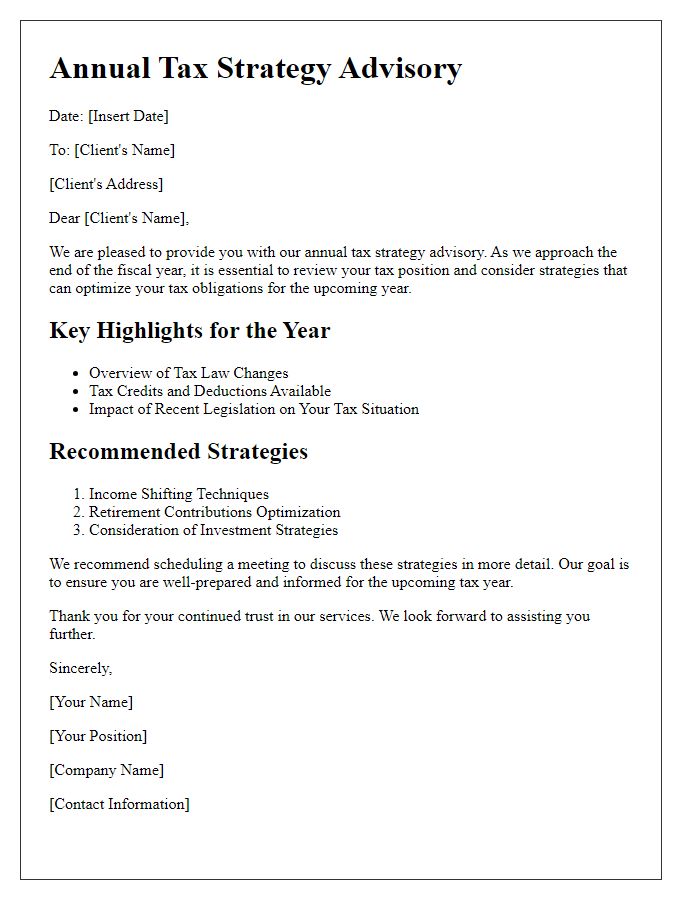 Letter template of annual tax strategy advisory