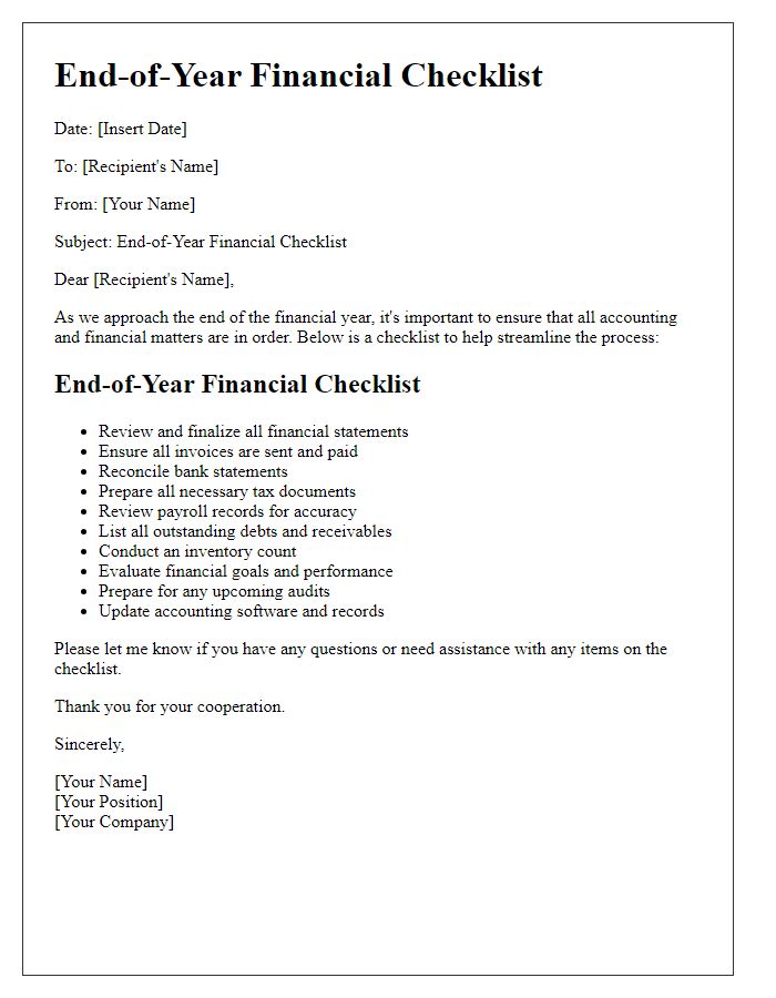 Letter template of end-of-year financial checklist