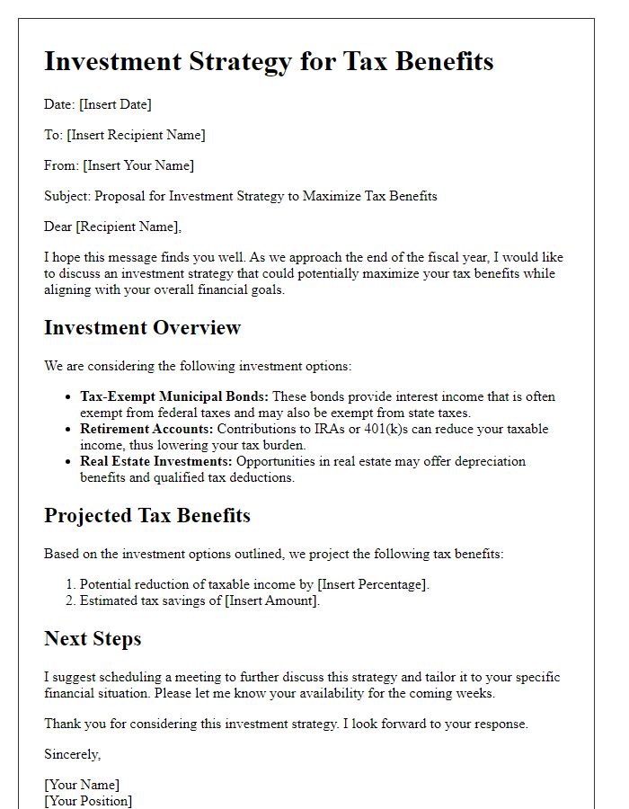 Letter template of investment strategy for tax benefits