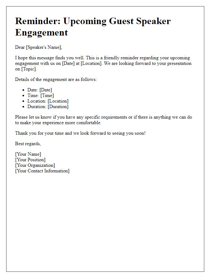 Letter template of guest speaker engagement reminder