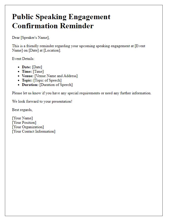 Letter template of public speaking engagement confirmation reminder