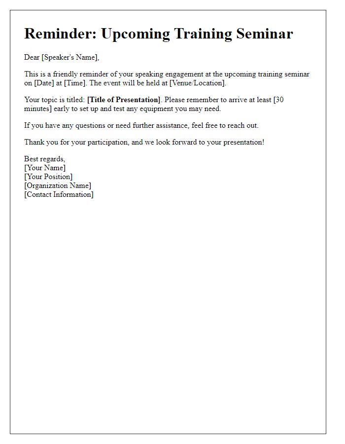 Letter template of training seminar speaking reminder