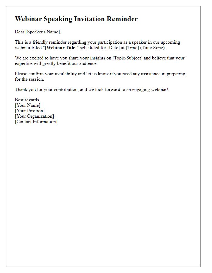 Letter template of webinar speaking invitation reminder