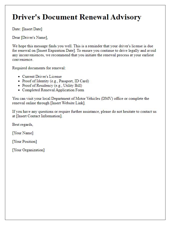 Letter template of driver's document renewal advisory.