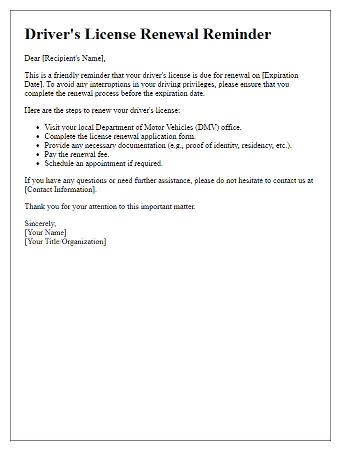 Letter template of driver's license renewal reminder.