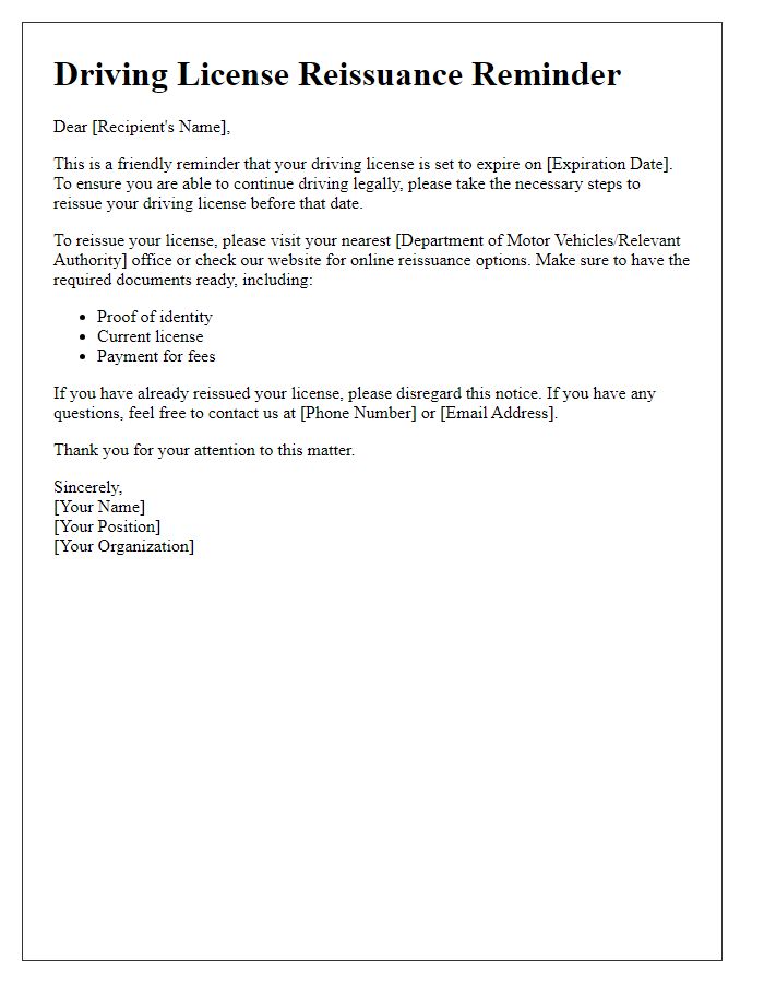 Letter template of driving license reissuance reminder.