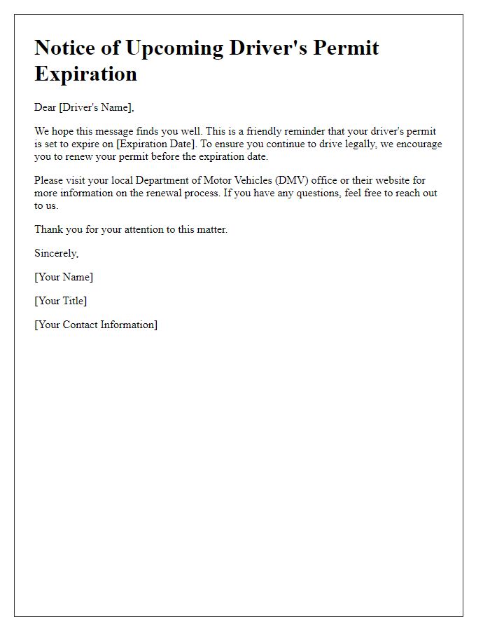 Letter template of upcoming driver's permit expiration.