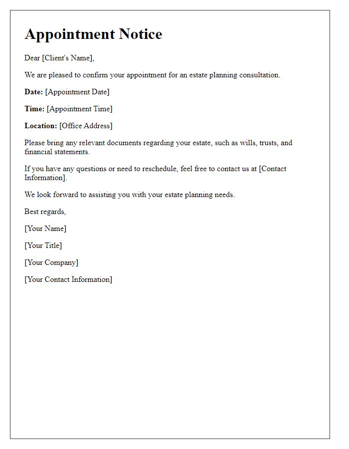 Letter template of appointment notice for estate planning consultation