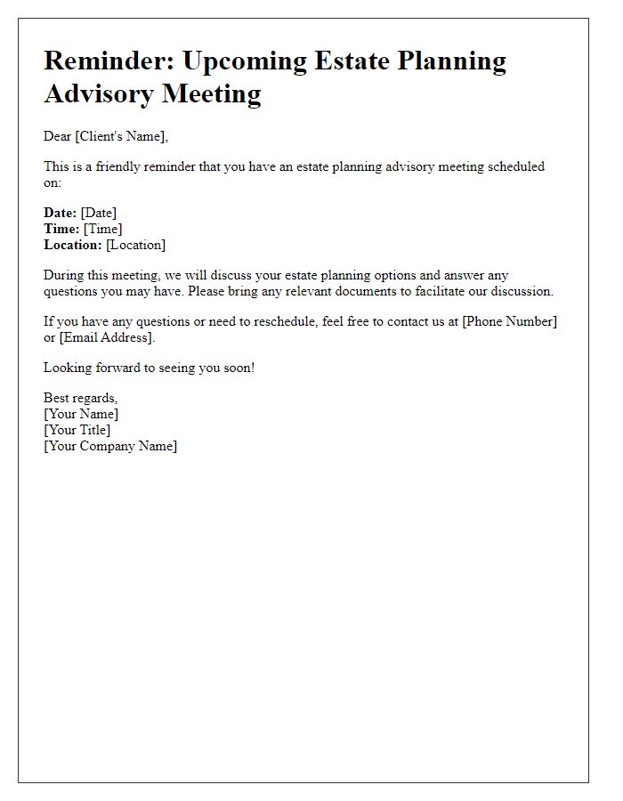 Letter template of estate planning advisory meeting reminder