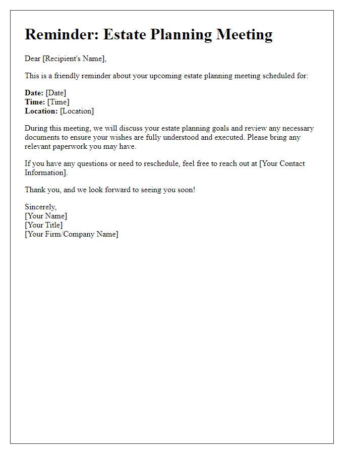 Letter template of estate planning meeting reminder