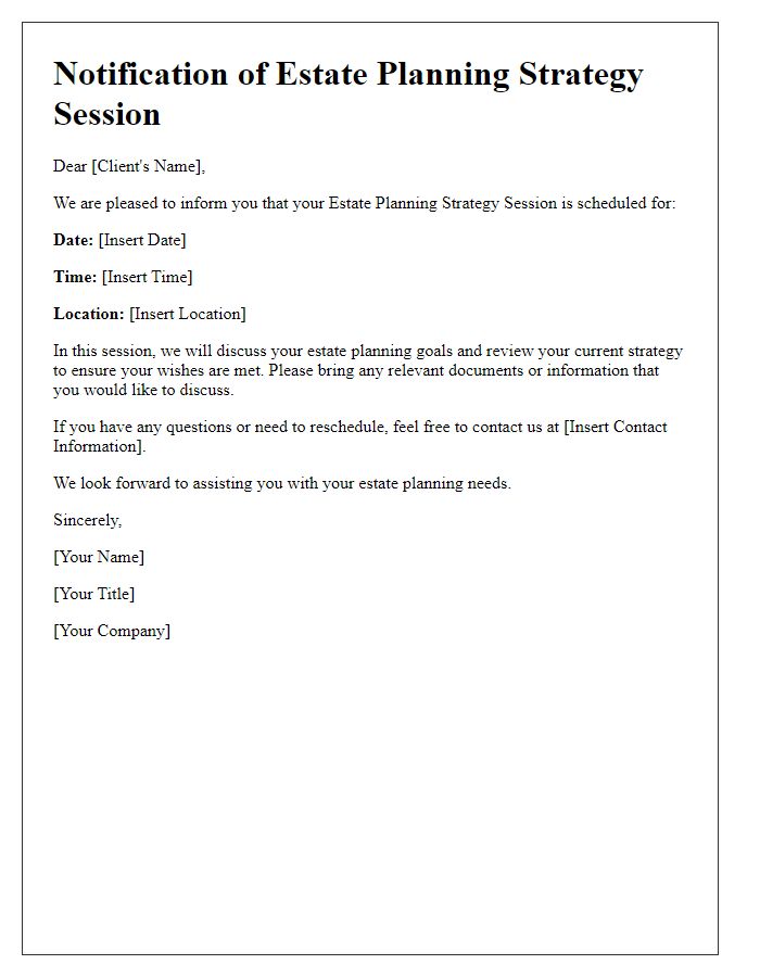 Letter template of estate planning strategy session notification