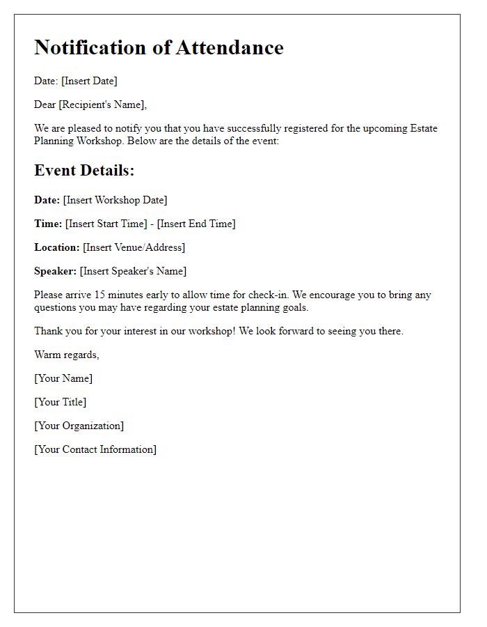 Letter template of notification for estate planning workshop attendance