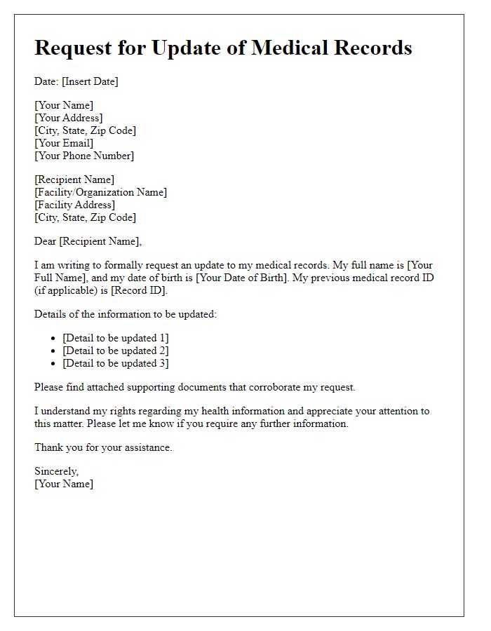 Letter template of medical records update request for personal health information.