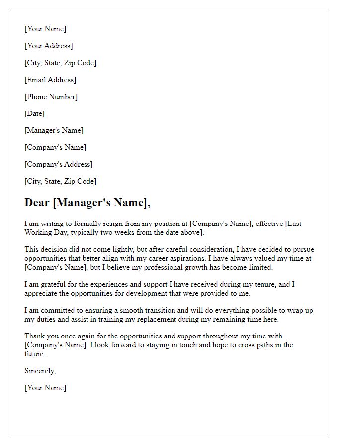 Letter template of resignation motivated by unfulfilled career aspirations.