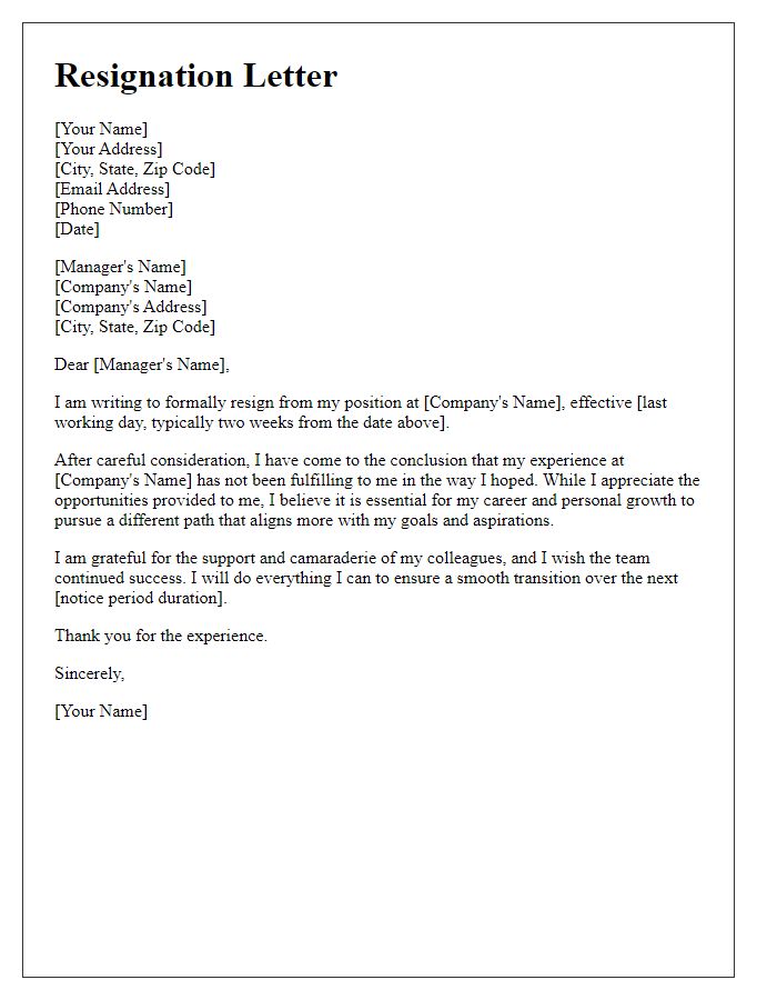 Letter template of resignation regarding a non-fulfilling job experience.