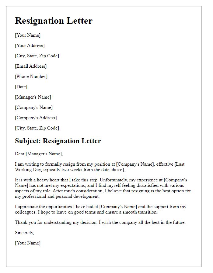 Letter template of resignation stemming from job dissatisfaction.