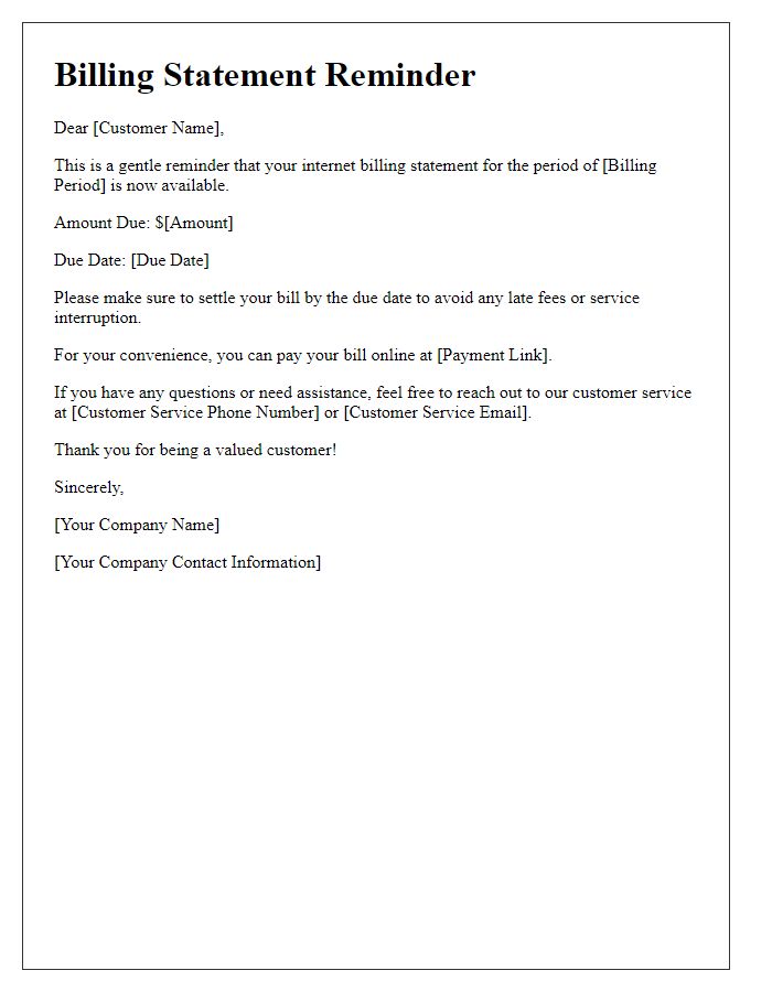 Letter template of internet billing statement reminder