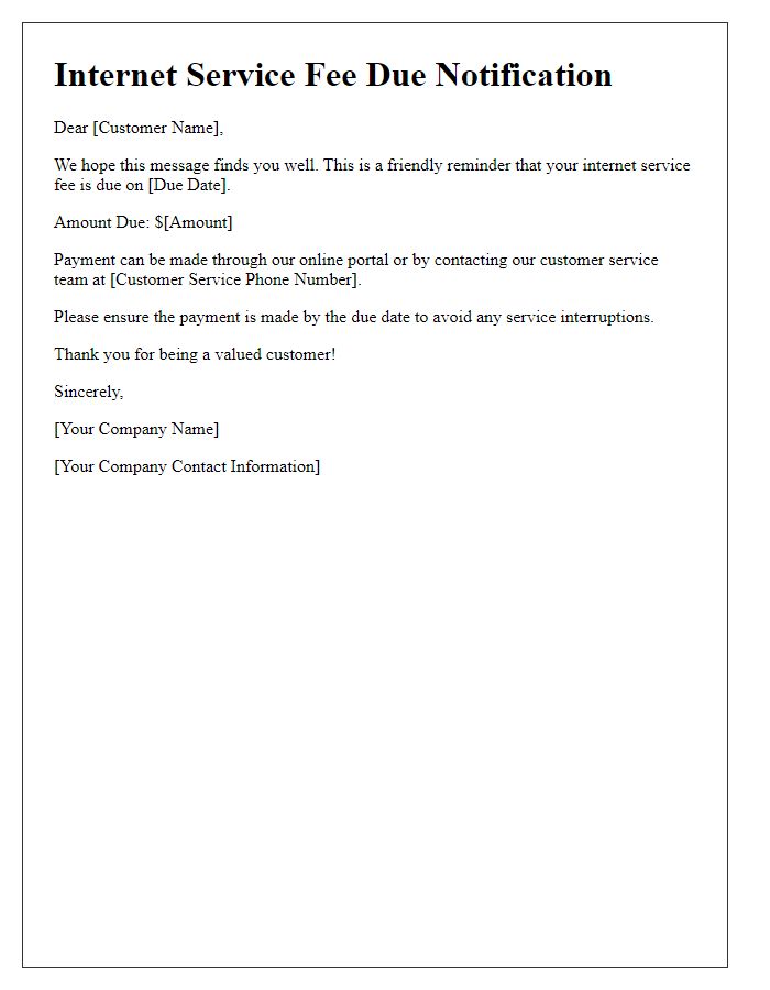 Letter template of internet service fee due notification
