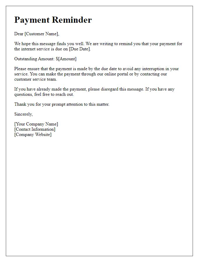 Letter template of internet service payment reminder