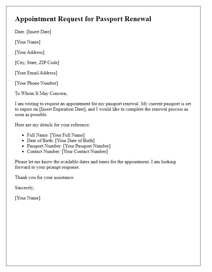 Letter template of appointment request for passport renewal