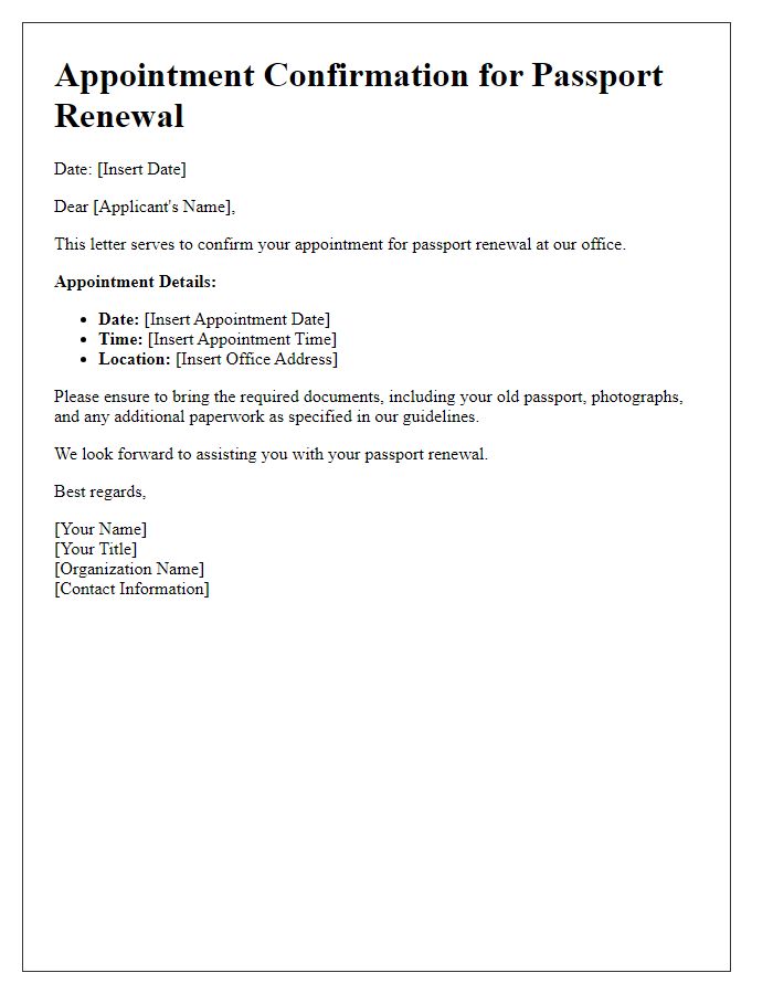 Letter template of confirmation for passport renewal appointment