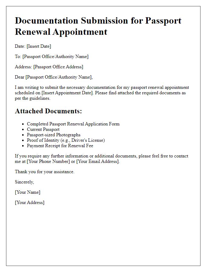 Letter template of documentation submission for passport renewal appointment