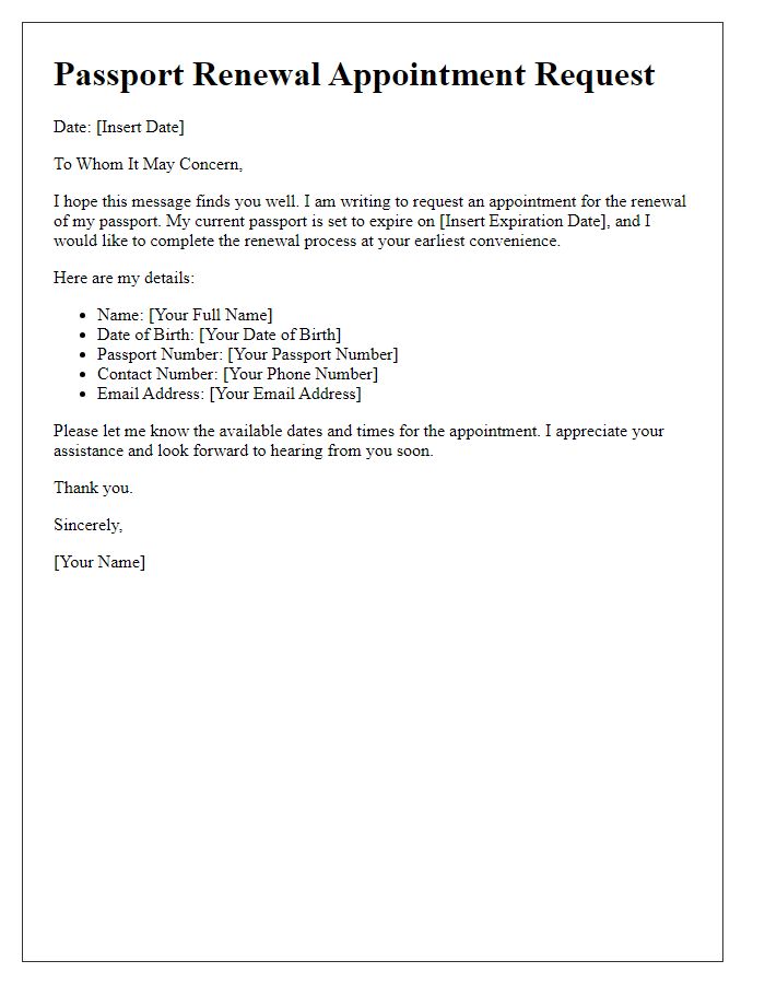 Letter template of passport renewal appointment scheduling