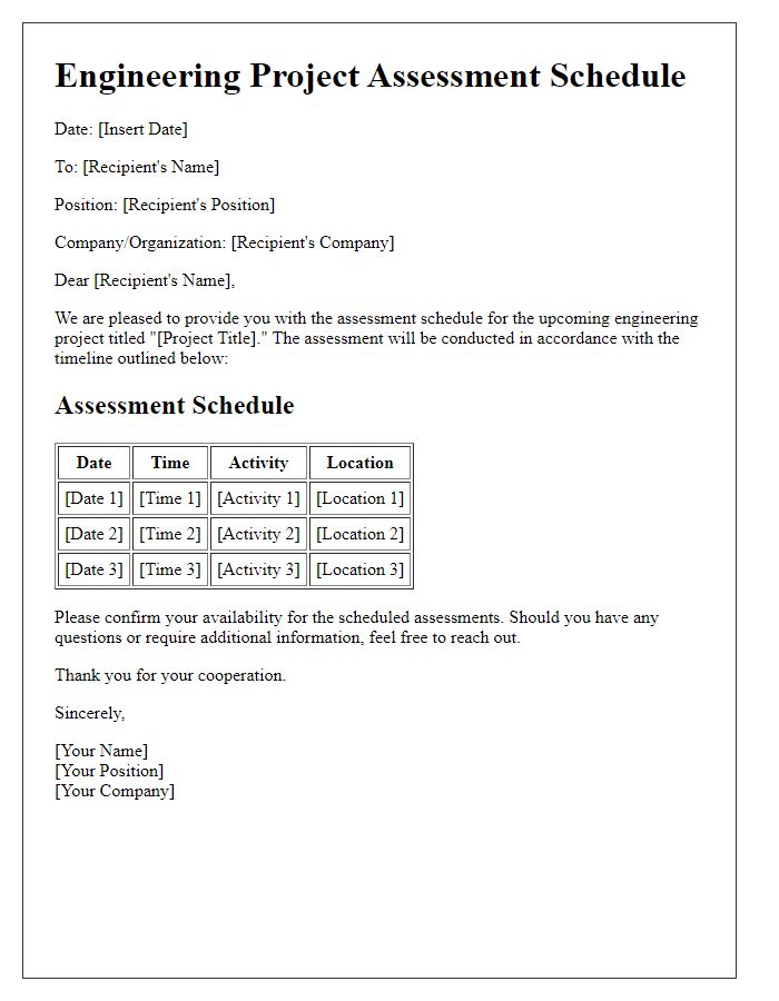 Letter template of engineering project assessment schedule