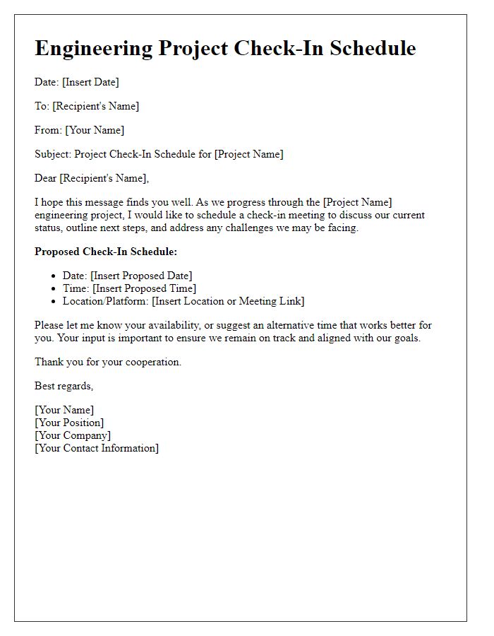 Letter template of engineering project check-in schedule