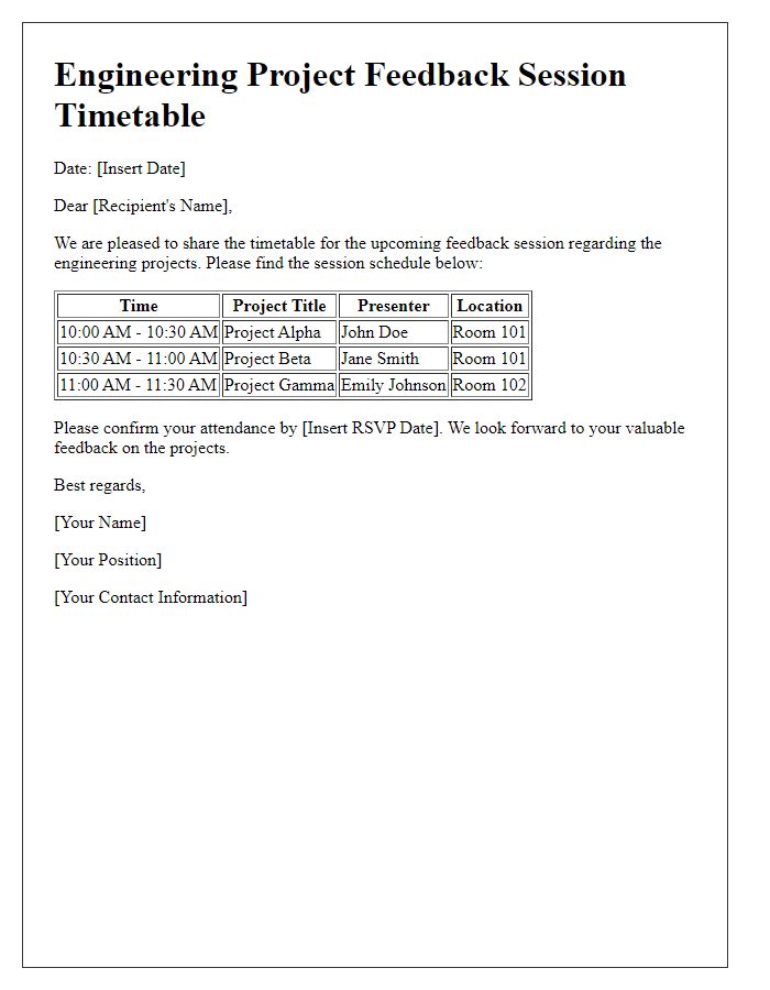 Letter template of engineering project feedback session timetable