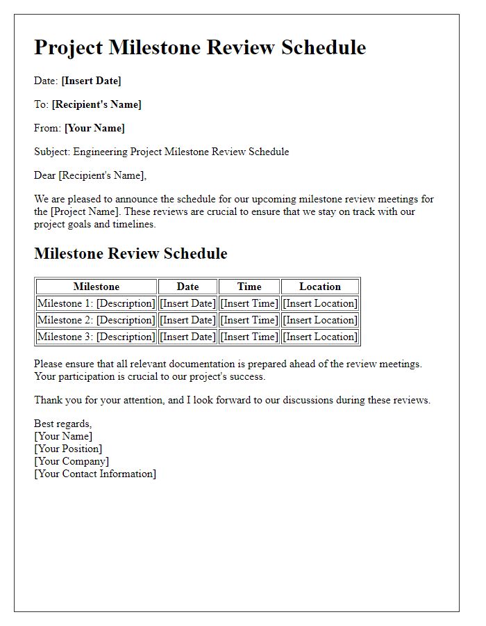 Letter template of engineering project milestone review schedule