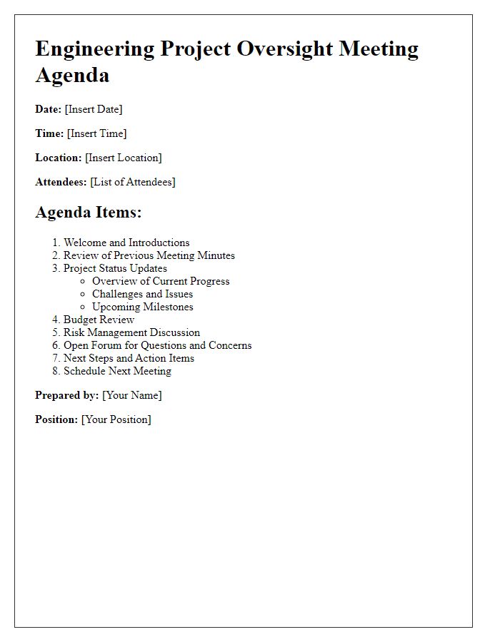 Letter template of engineering project oversight meeting agenda