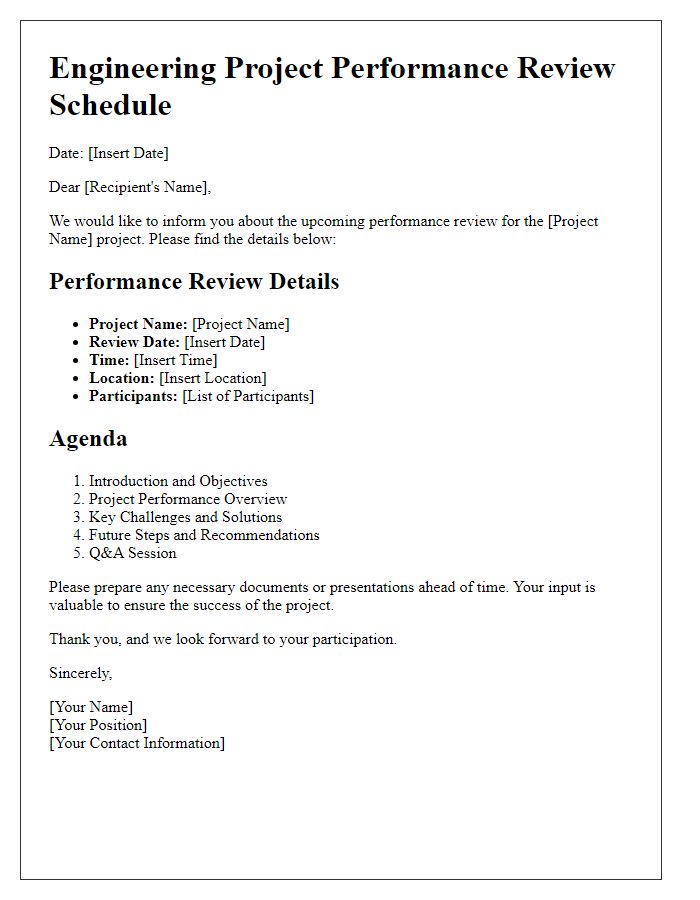 Letter template of engineering project performance review schedule